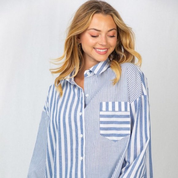 new WHITE BIRCH WOVEN BUTTON DOWN SHIRT BLOUSE western boho stripe blue SM-4X - Picture 2 of 8